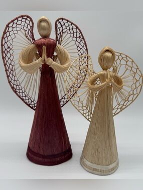 Vtg Sisal Straw Angel Figurines Set 2 Woven Fiber Folk Art Christmas Decor